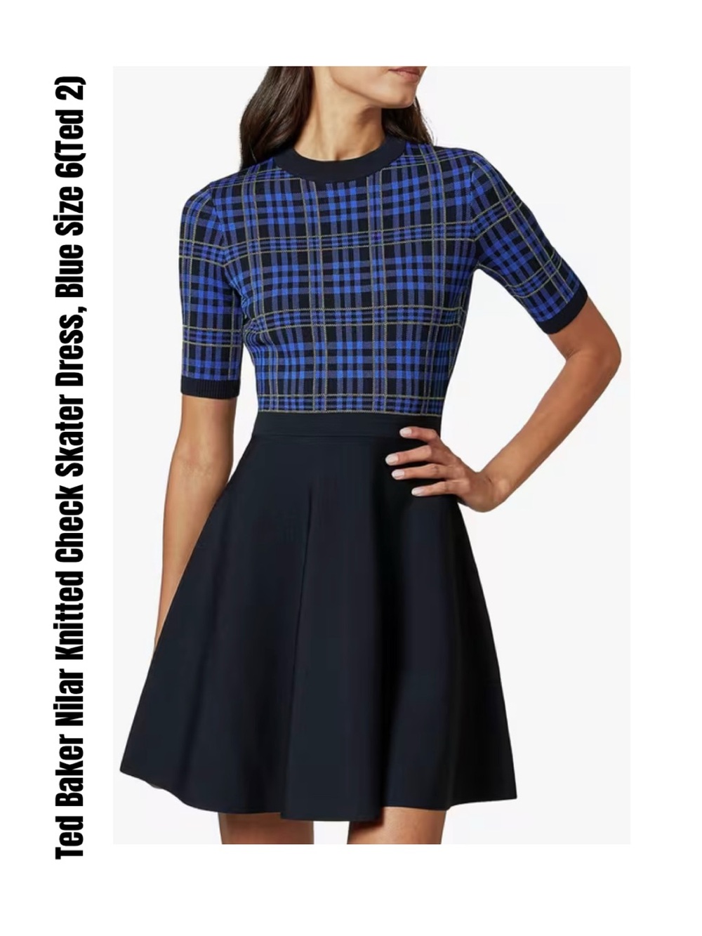 Ted Baker Nilar Knitted Check Skater Dress, Blue Size 6(Ted 2)